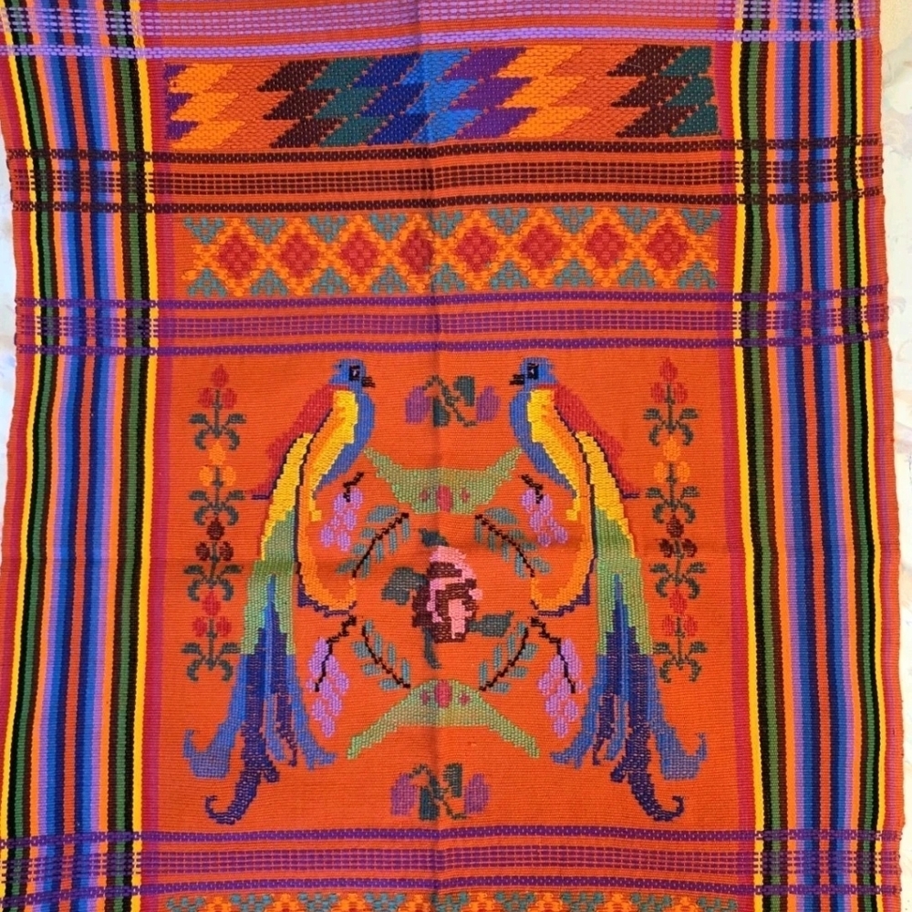 Colorful Woven Table Runner 49"x 20" Ethnic Guatemala Hand Crafted Birds Flowers